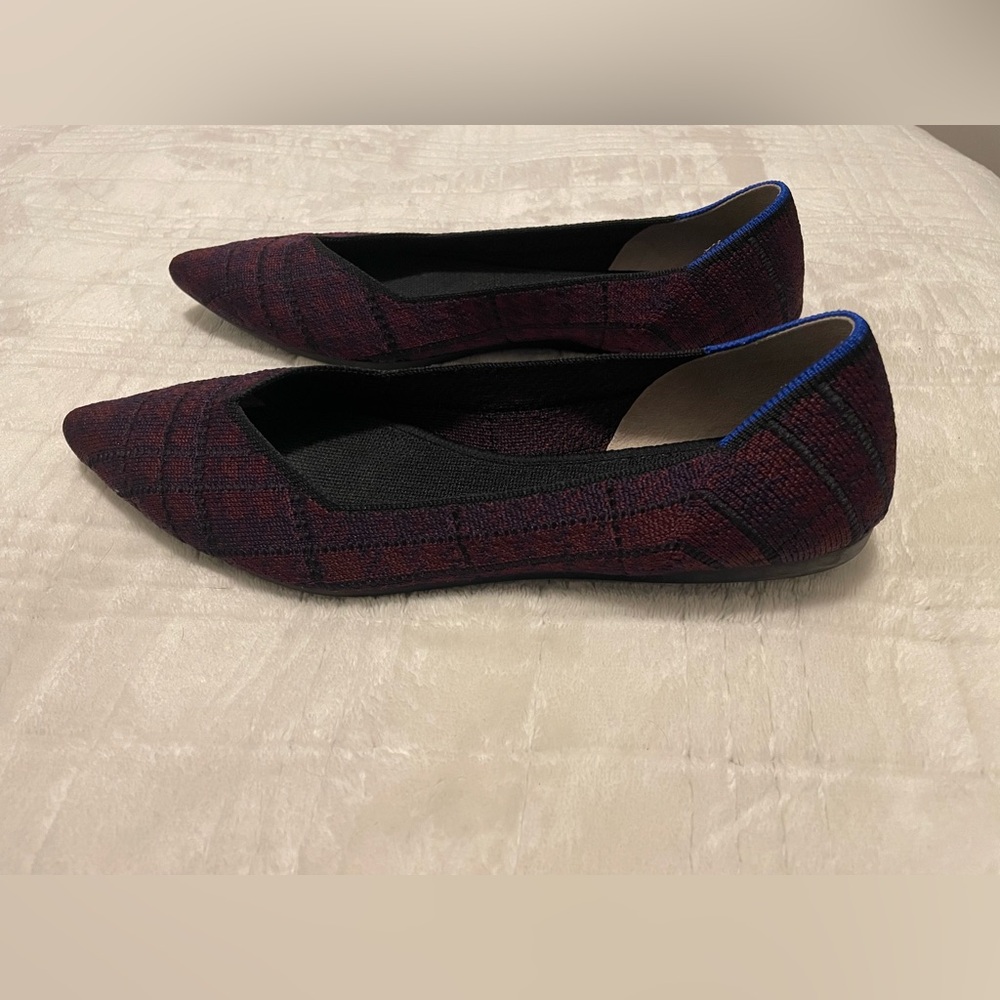 Rothy’s pointed toe flats — cranberry plaid (retired)